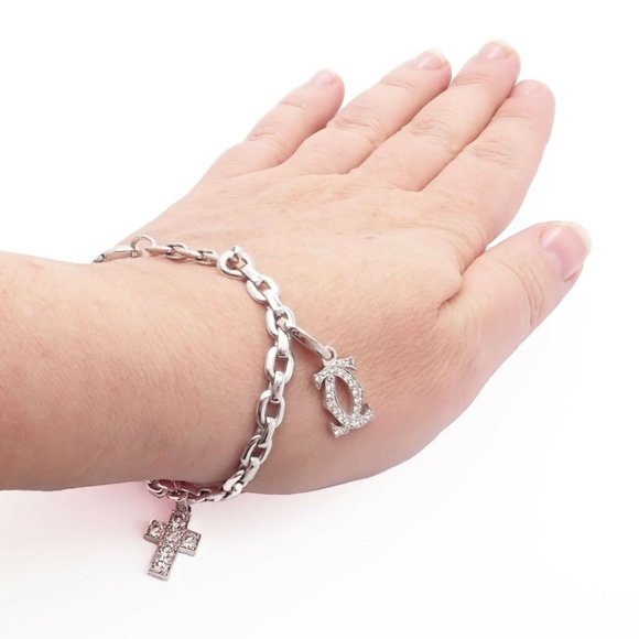 Authentic! Cartier 18k White Gold 3 Charm Bracelet with Diamond Cross Double C's - Picture 11 of 12